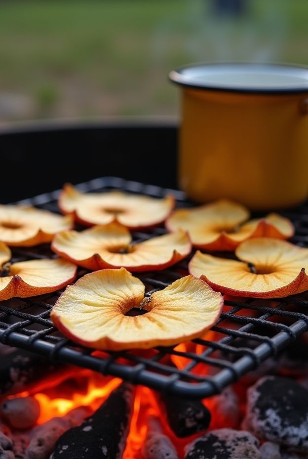 Crispy campfire apple chips, perfectly sliced and sprinkled with cinnamon, cooked over a glowing campfire.