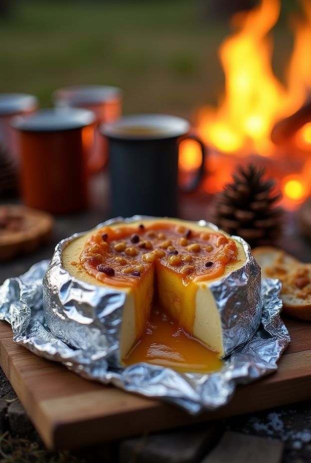 Campfire Baked Brie with honey and nuts, wrapped in foil and melted, perfect for outdoor gatherings.