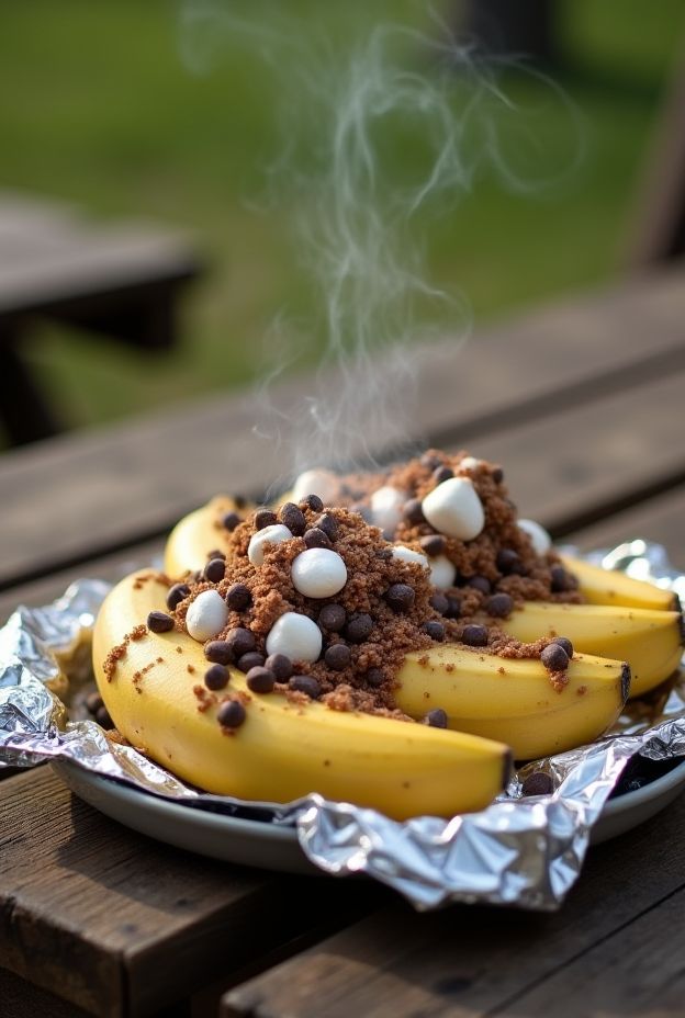 Campfire Banana Split recipe featuring bananas, chocolate chips, and marshmallows wrapped in foil, ideal for camping desserts.