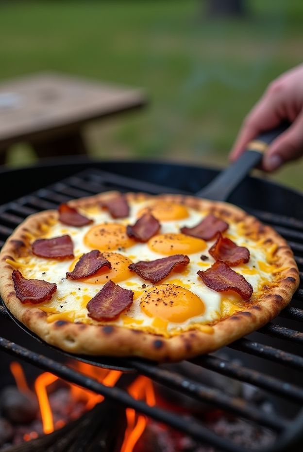 Campfire Breakfast Pizza with eggs, cheese, and bacon cooking over an outdoor fire.