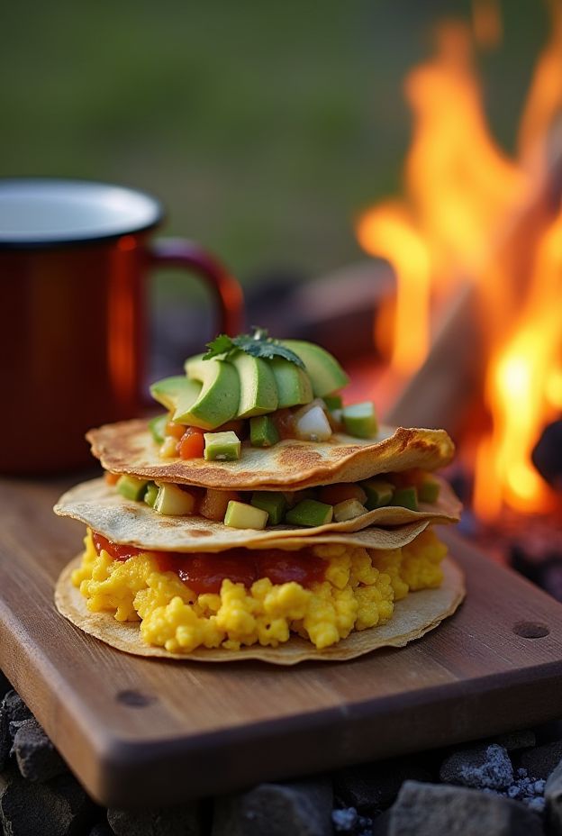 Campfire breakfast tacos filled with scrambled eggs, salsa, and avocado, perfect for a morning meal outdoors.