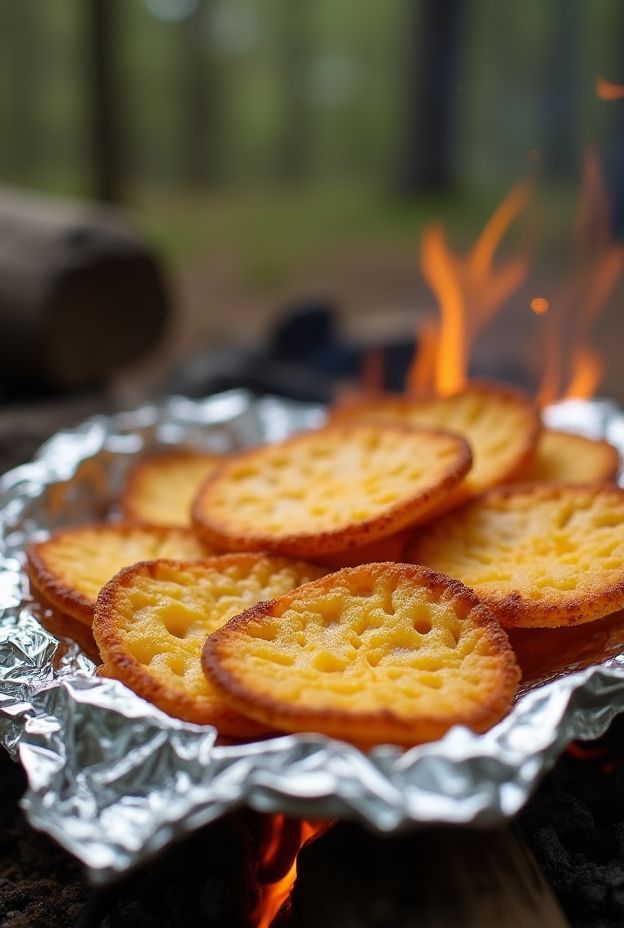 Crispy Campfire Cheese Crisps, easy outdoor snack made with shredded cheese on aluminum foil, perfect for camping.