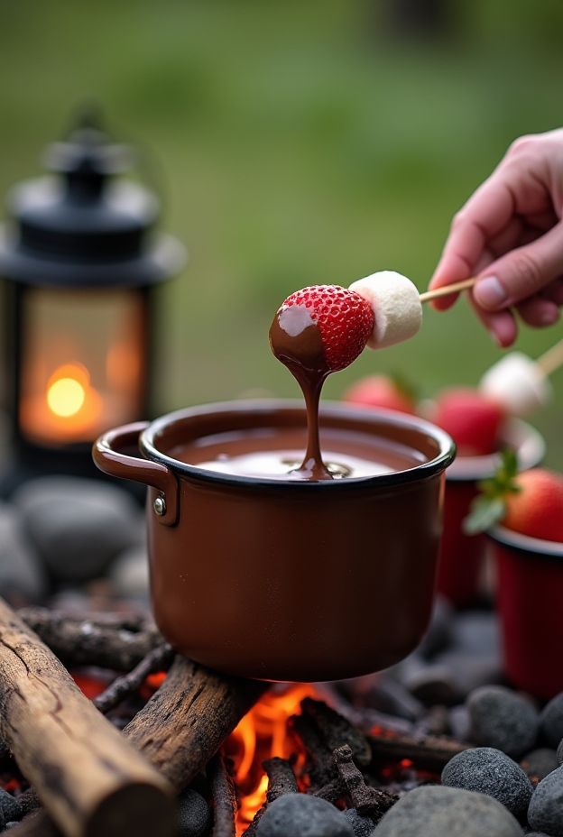 Campfire Chocolate Fondue with strawberries and marshmallows for a delicious camping dessert.