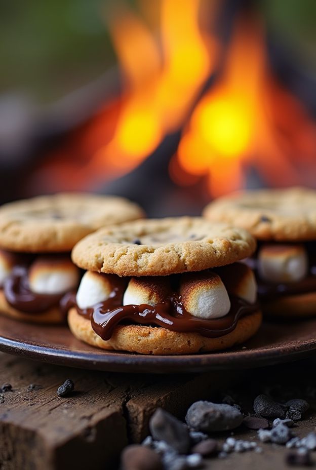 Delicious campfire cookie sandwiches with marshmallows and chocolate making the perfect outdoor dessert.