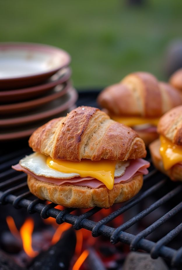 Campfire croissant sandwiches filled with ham, cheese, and egg, perfect for outdoor cooking.