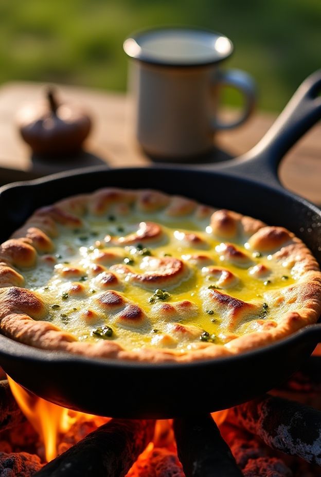 Campfire Flatbread cooked on a cast-iron skillet, brushed with garlic oil, perfect for outdoor meals.