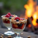 Campfire fruit parfaits with layers of yogurt, fruits, and granola by the fire, perfect for camping and outdoor enjoyment.