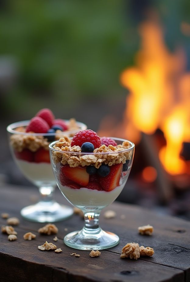 Campfire fruit parfaits with layers of yogurt, fruits, and granola by the fire, perfect for camping and outdoor enjoyment.