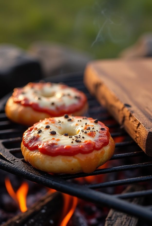 Campfire Pizza Bagels topped with sauce and cheese, grilling over an open fire for a tasty outdoor snack.