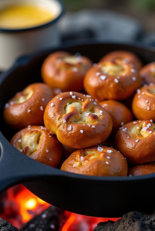 Campfire pretzel bites cooked over an open fire, golden and sprinkled with coarse salt.