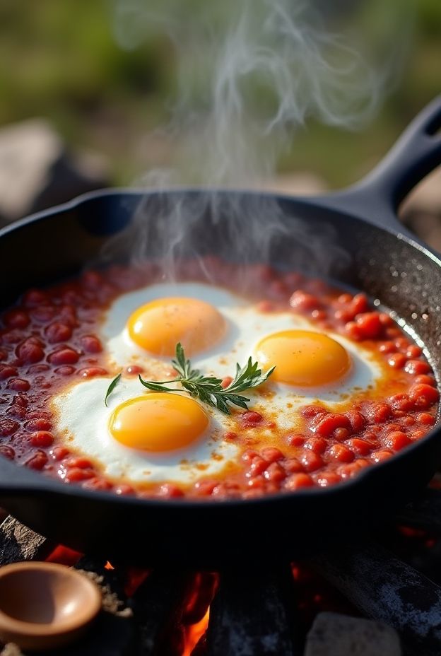 Campfire Shakshuka with poached eggs in spicy tomato sauce, perfect for outdoor cooking.