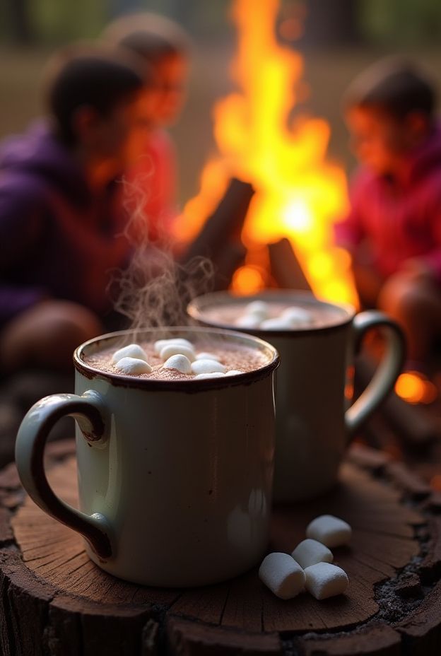 Warm campfire cocoa topped with marshmallows, perfect for cozy storytelling evenings under the stars.