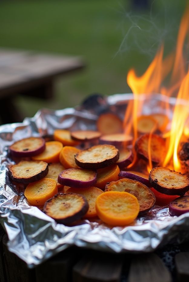 Campfire Veggie Chips made from thinly sliced root vegetables, roasted until crisp in foil, perfect for outdoor snacking.