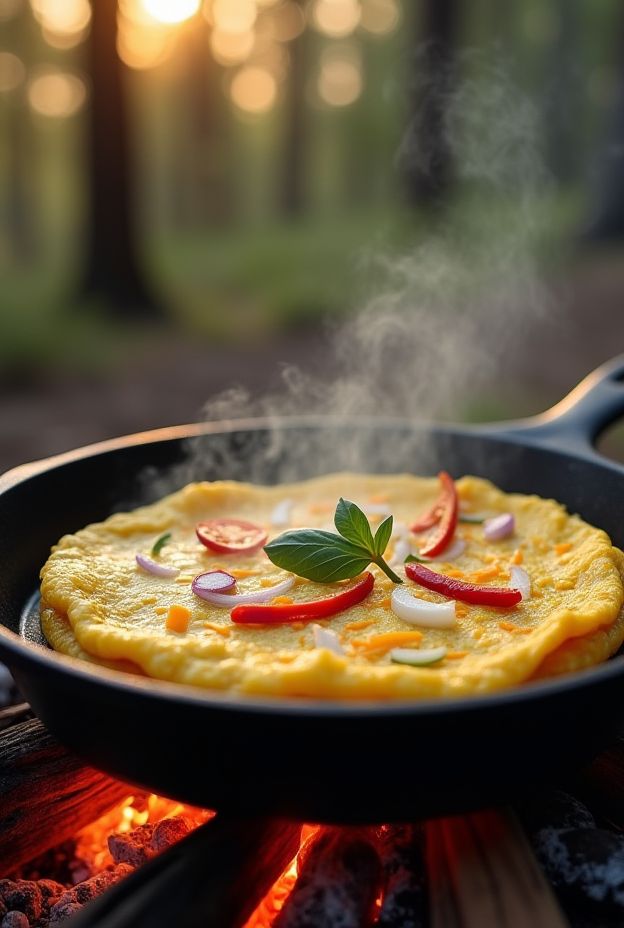 Campfire Veggie Omelet with eggs, peppers, onions, and cheese in a skillet, perfect for outdoor cooking.