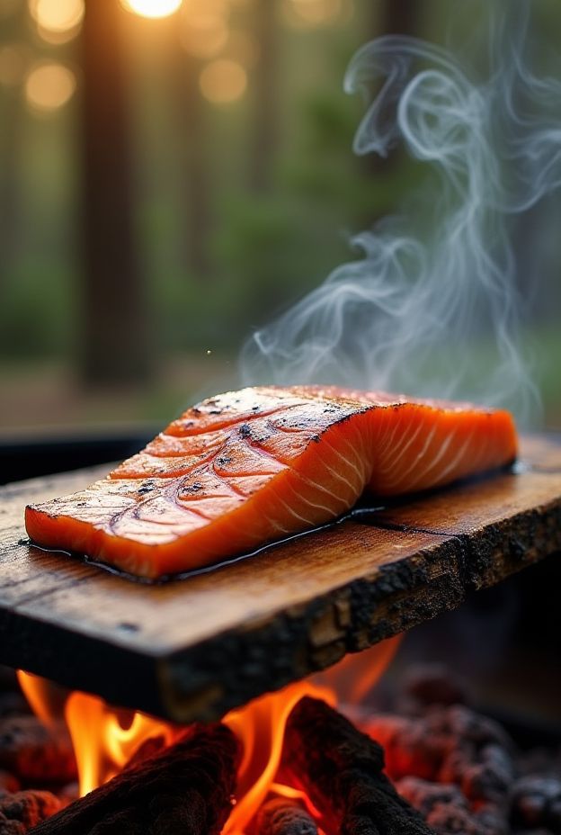 Grilled cedar plank salmon over open flame, woodsy aroma, perfect for camping meals.
