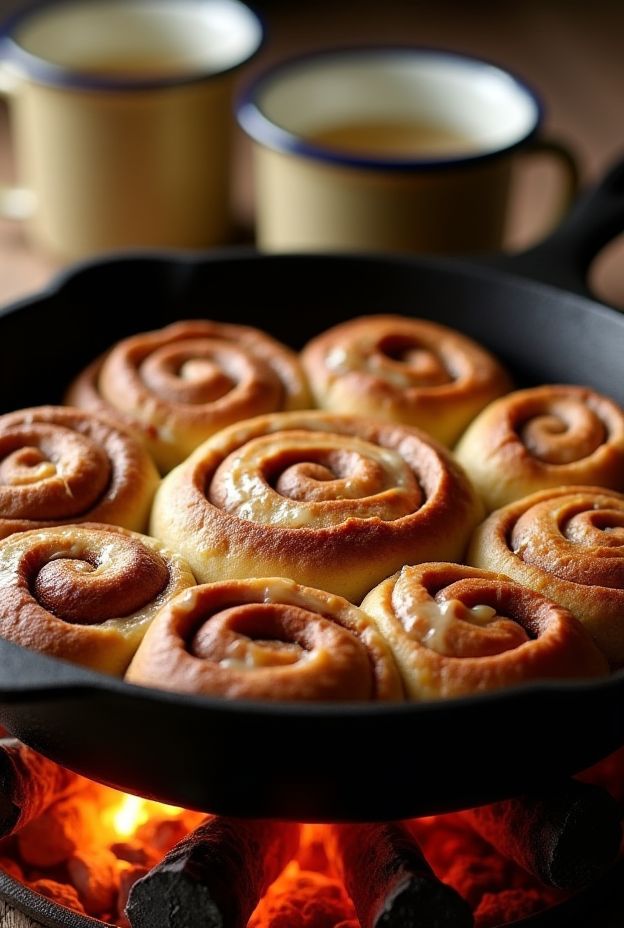 Campfire cinnamon roll skillet bake with pre-made cinnamon rolls in a cast iron skillet over open flames.
