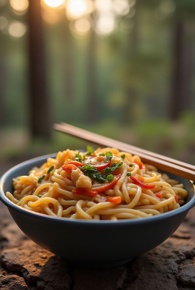Dehydrated Thai Peanut Noodles dish, featuring rice noodles, peanut sauce, and vegetables in a rustic outdoor setting.