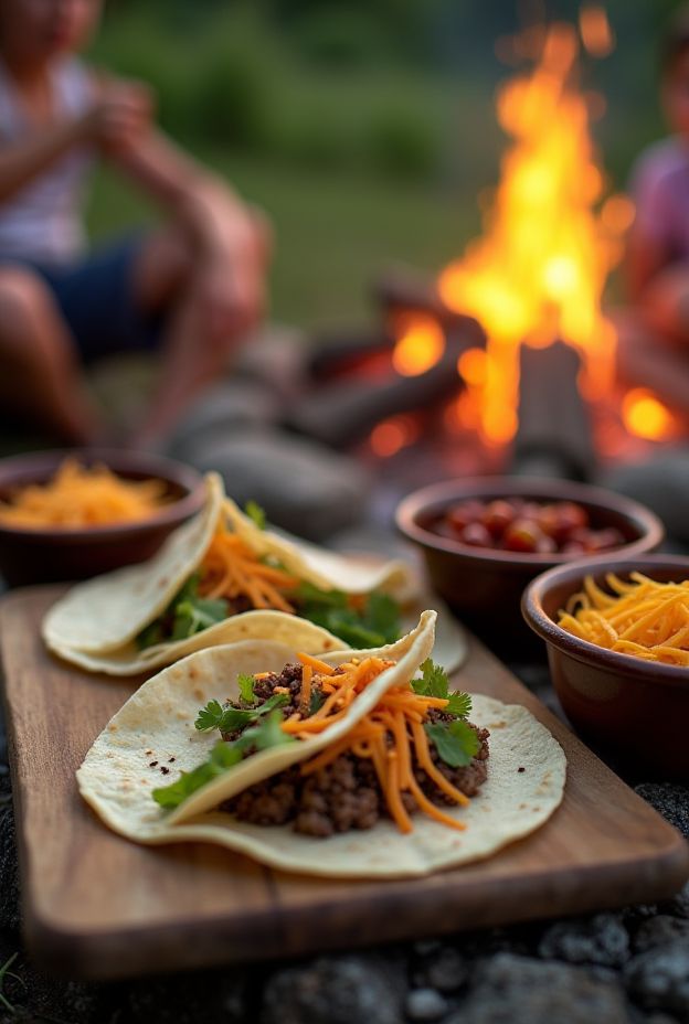 DIY Campfire Tacos with assorted toppings create the perfect family meal for outdoor camping fun.