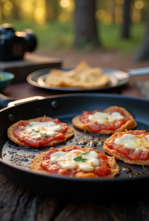 DIY campfire trail pizzas made with tortillas, sauce, and cheese cooked in a skillet outdoors.