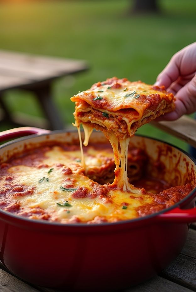Layered Dutch oven lasagna with pasta, sauce, and melted cheese cooked camp-style.