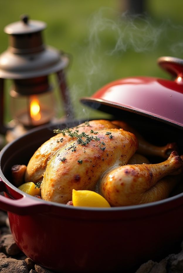 A whole roasted chicken with herbs and lemon wedges in a Dutch oven, ideal for camping meals.