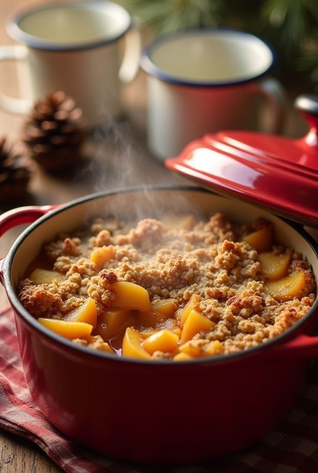 Dutch Oven Peach Crisp with warm peaches and oat topping, ready for camping dessert.
