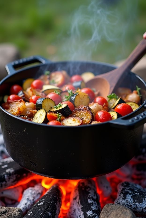 Dutch Oven Ratatouille cooked over a campfire featuring eggplant, zucchini, and tomatoes in a hearty stew.