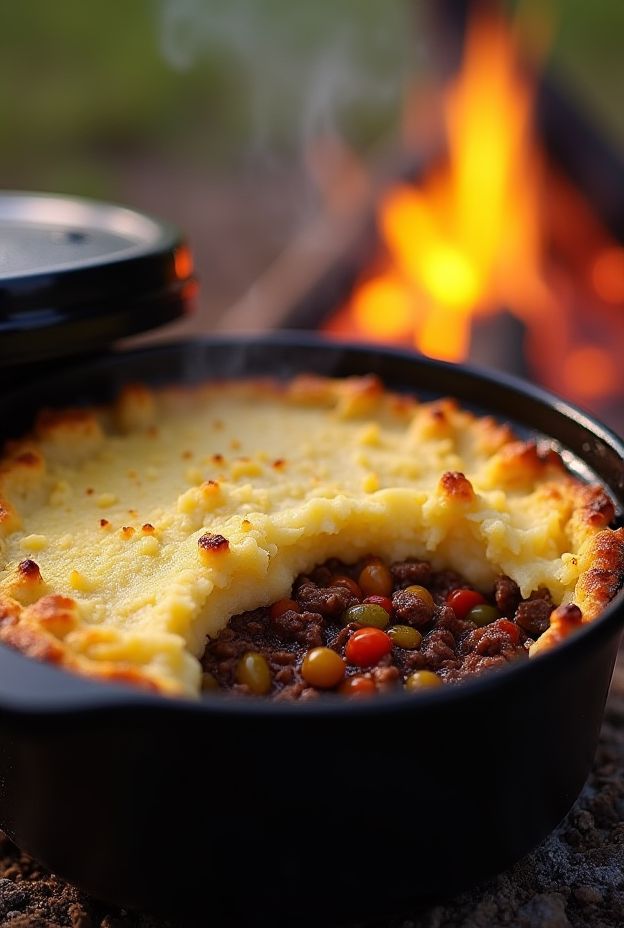 Delicious Dutch Oven Shepherd's Pie with layers of savory meat and fluffy mashed potatoes, perfect for camping.
