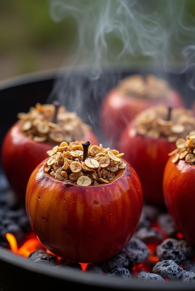 Fire-Baked Cinnamon Apples stuffed with oats, cinnamon, and baked in coals over a campfire.