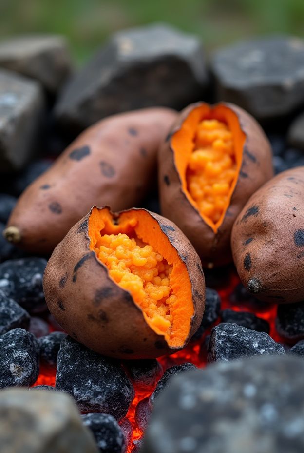 Whole sweet potatoes roasted in embers, topped with cinnamon butter, perfect for camping.