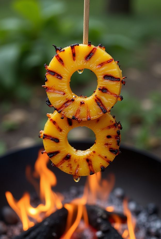 Fire-grilled pineapple rings caramelized over flames, topped with chili-lime salt for a delicious camping treat.