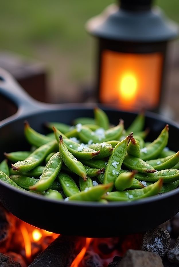 Fire-roasted edamame pods seasoned with sea salt, a nutritious and easy camping snack that everyone loves.