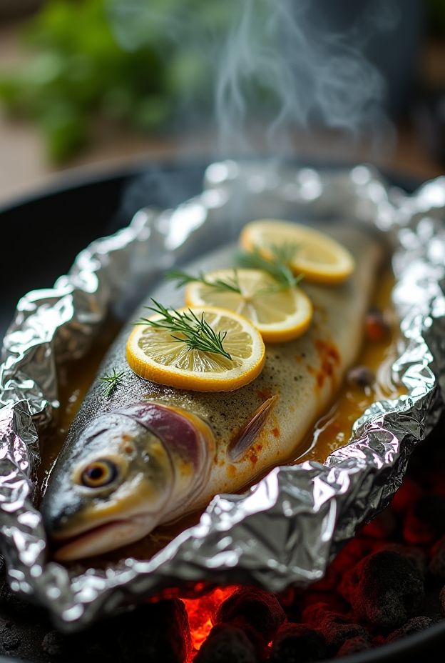 Foil-Packed Lemon Herb Trout with lemon slices and fresh dill, ideal for camping meals over a fire.