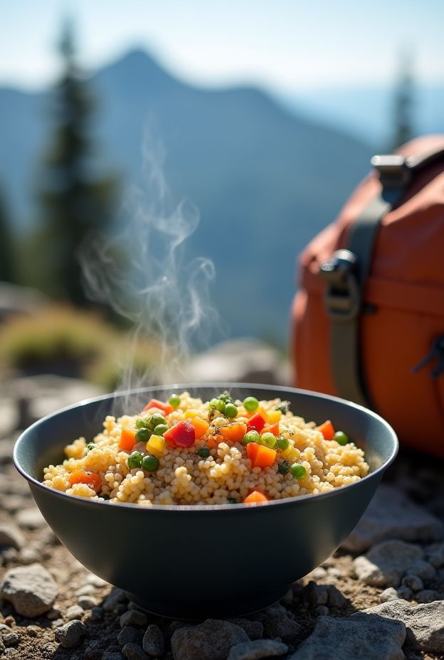 Lightweight Freeze-Dried Veggie Couscous meal ideal for camping trips packed with nutrients.