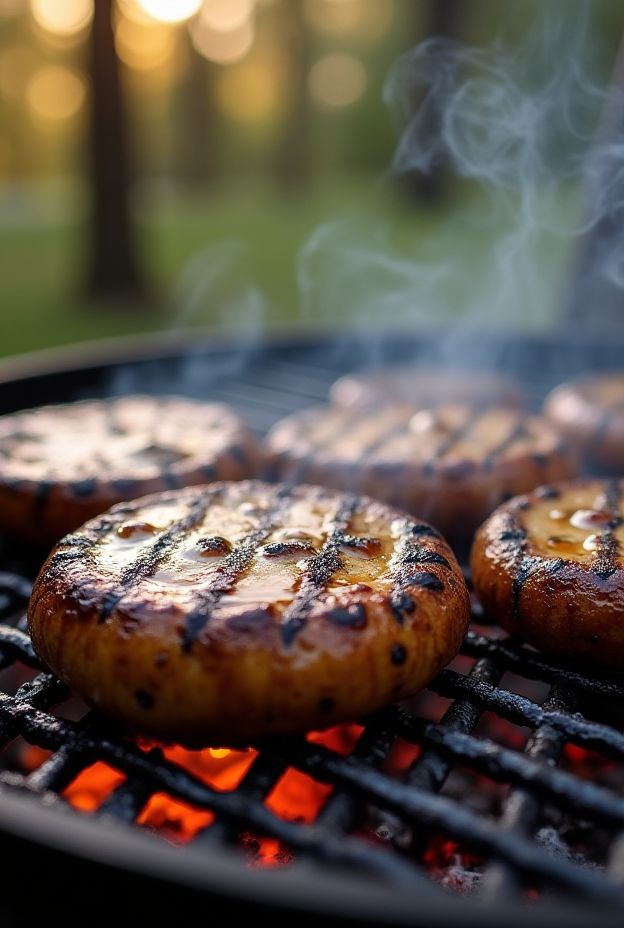 Grilled Portobello caps over a smoky campfire grill, ideal for outdoor cooking adventures.