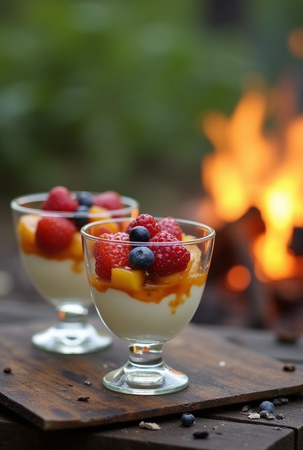 Delicious Honey Yogurt Fruit Cups layered with fresh fruits, granola, and honey yogurt, perfect for camping snacks.