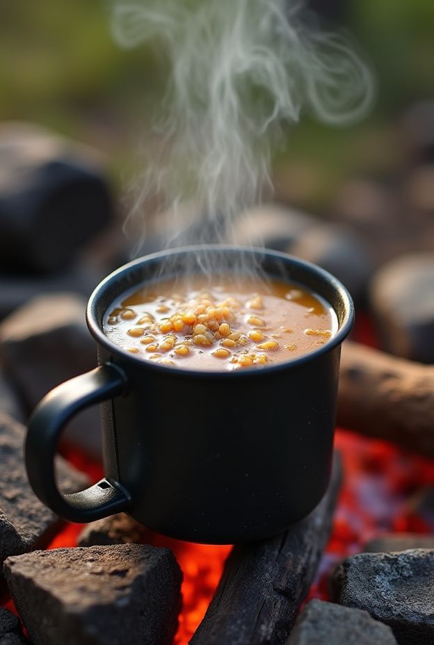 Warm bowl of instant barley lentil soup simmering by a campfire, perfect for outdoor enthusiasts.