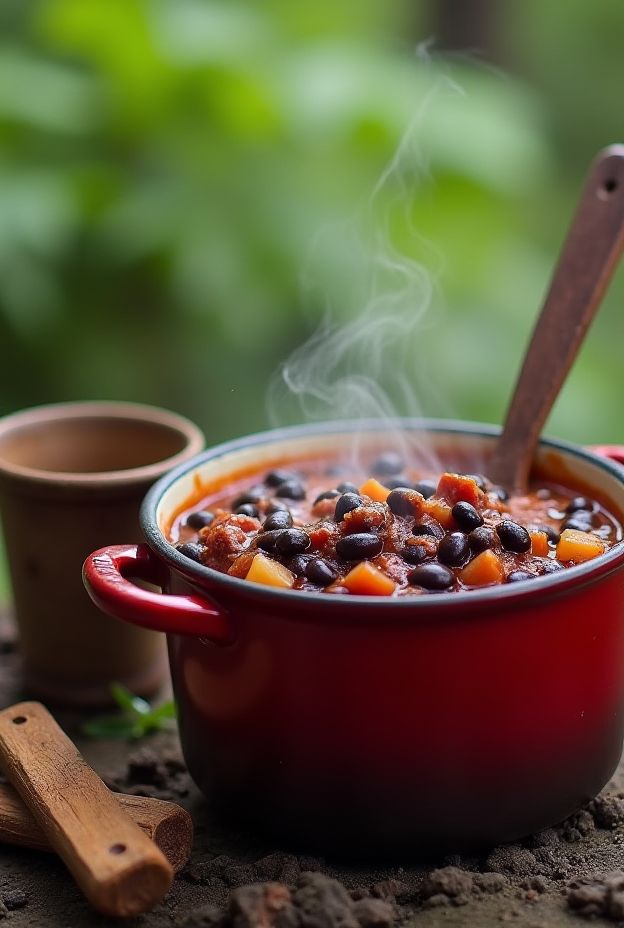 Instant Black Bean Chili with dehydrated beans and tomato powder, perfect for a camping meal.