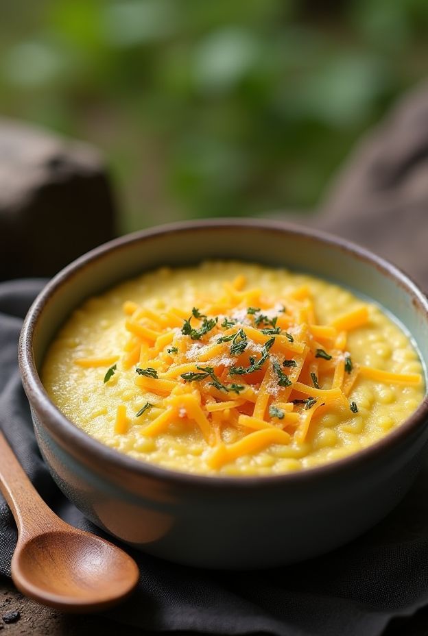 Creamy instant polenta with cheese and herbs, perfect for camping meals.