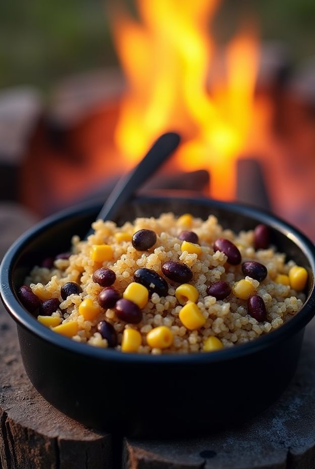 A delicious Instant Quinoa Bowl with quinoa, beans, and corn perfect for camping nutrition.