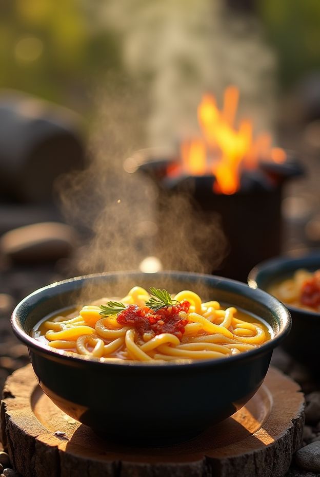 Lightweight curry ramen dish served in a bowl with toppings, perfect for camping meals.
