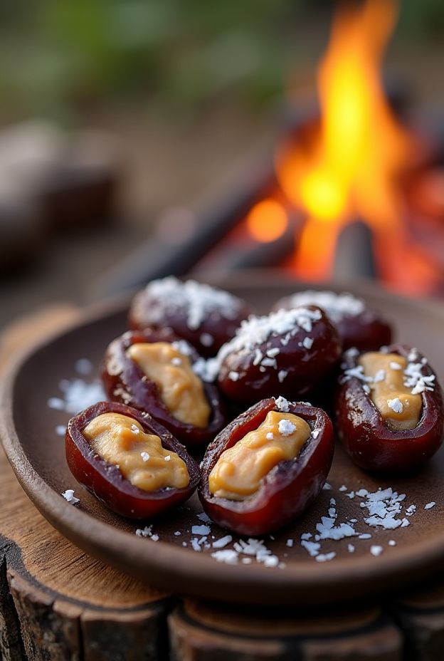 Nut butter stuffed dates rolled in coconut, served on a wooden plate with a campfire in the background.
