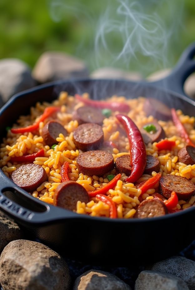 One-Pot Cajun Rice & Sausage featuring spicy sausage, bell peppers, and rice in a steaming pot, perfect for camping meals.