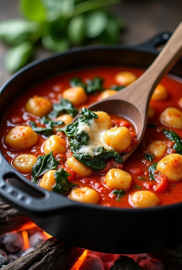 One-Pot Gnocchi & Spinach cooked in tomato sauce with melted cheese, perfect for camping meals.