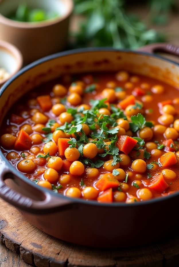 One-Pot Moroccan Chickpea Stew with vibrant spices and fresh vegetables, perfect for hearty outdoor meals.