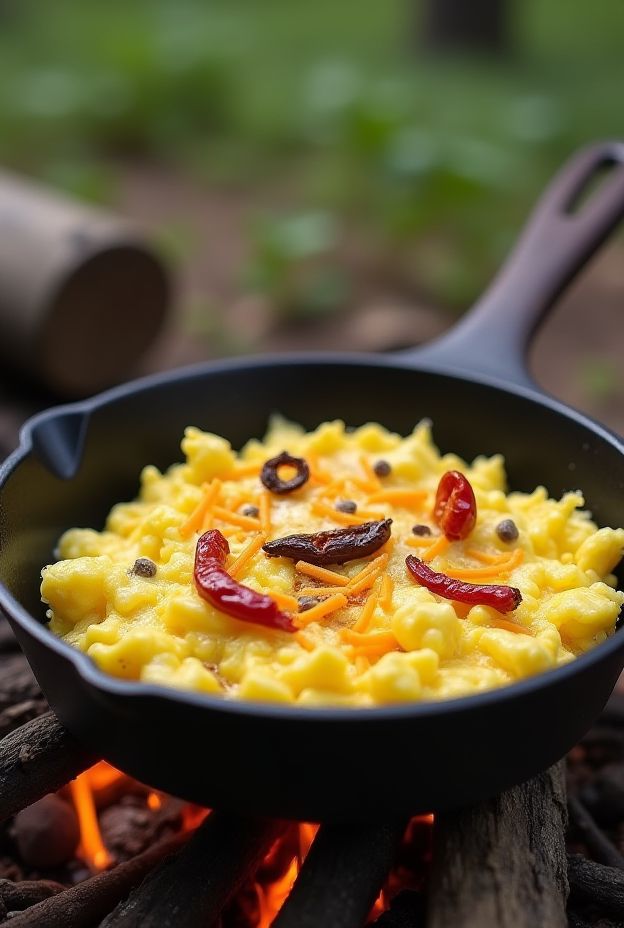 Quick camping powdered egg scramble with peppers and cheese for nutritious outdoor meals.
