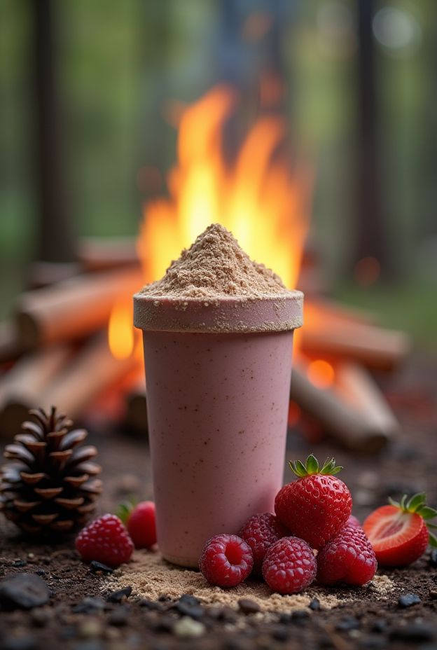 A vibrant powdered smoothie mix made from dried fruits and protein, perfect for camping and outdoor adventures.