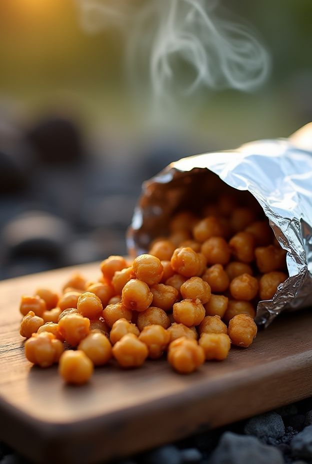 Spiced chickpeas roasted in foil until crunchy, perfect for camping snacks packed with protein and flavor.