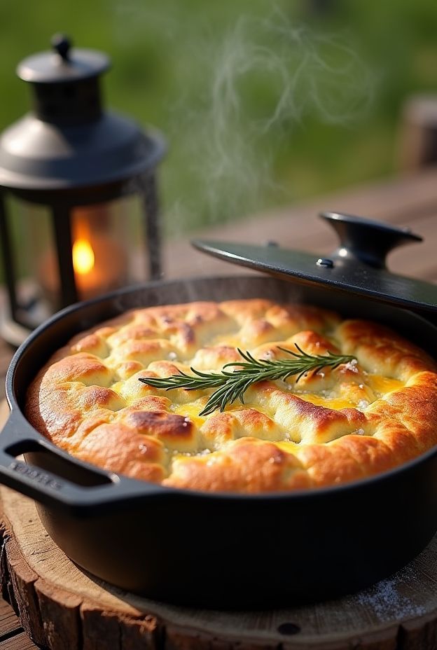 Rustic campfire focaccia baked in a Dutch oven with rosemary and olive oil, ideal for outdoor cooking.