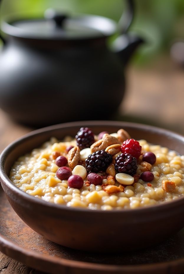 Nutty millet porridge topped with dried berries and nuts, perfect for a camping breakfast.